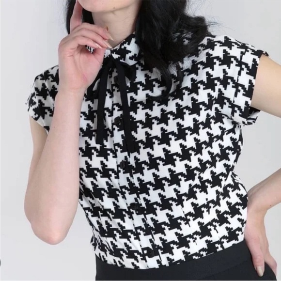 Hell Bunny Blake Houndstooth Check Retro Blouse Top Pinup Rockabilly Black White - Picture 1 of 12